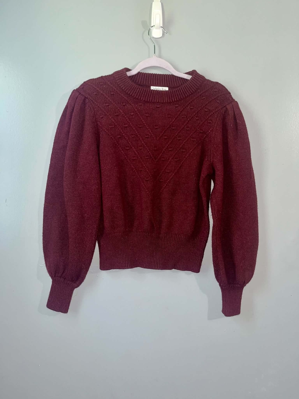 Classic Burgundy Puff-Sleeve Crewneck Sweater